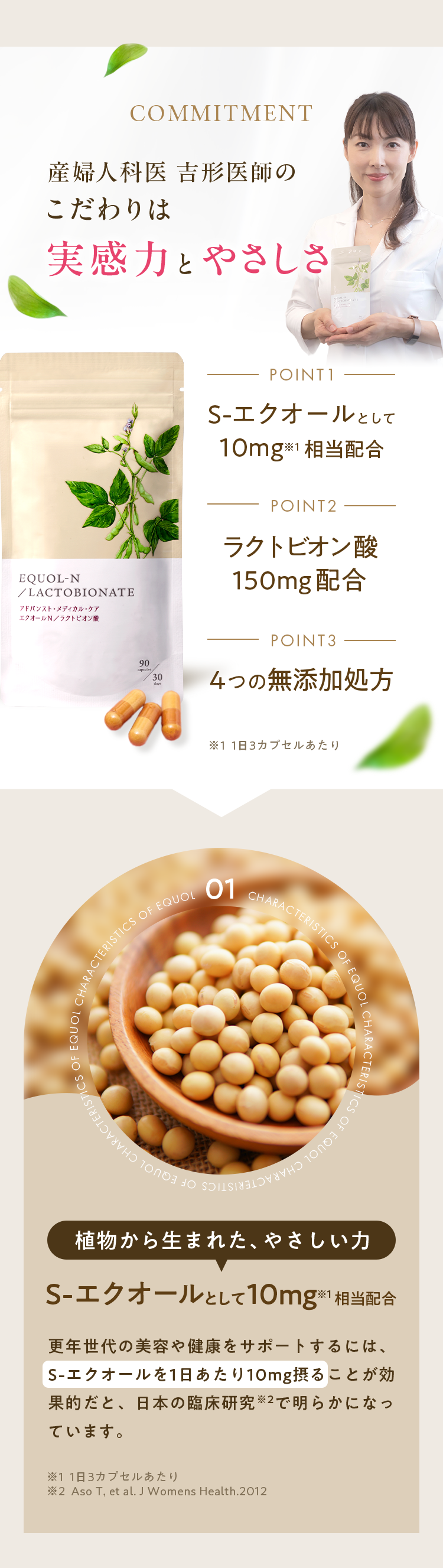 産婦人科医吉形医師のこだわりは実感力と優しさ｜Point1：S-エクオールとして10mg相当配合｜Point2：ラクトビオン酸150mg配合｜Point3：4つの無添加処方